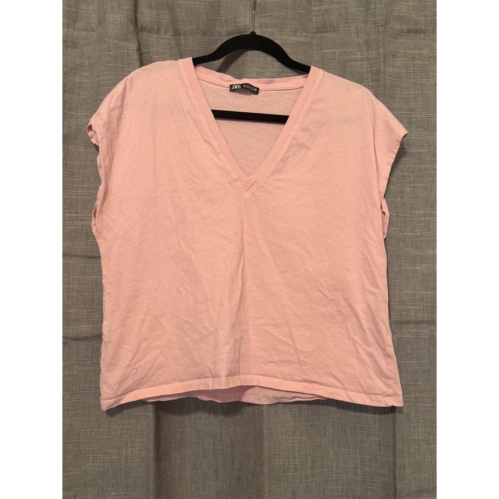 ZARA Pink V Neck Cap Sleeve Casual T Shirt‎ Top Womens Size Large